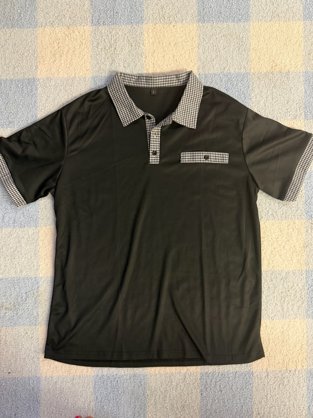 Men's Black Polo Shirt with Houndstooth Trim